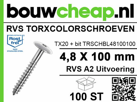 Zilveren RVS torx schroeven met een diameter van 4,8 mm en lengte van 100 mm, verpakt in doos met 100 stuks.