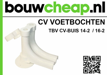 Witte kunststof CV-voetbocht met twee aansluitingen, geschikt voor CV-buizen van 14-2 of 16-2, op een lichte achtergrond.