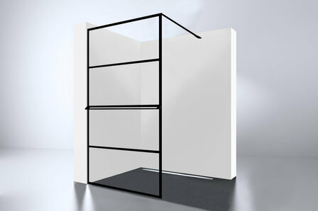 Moderne, open ruimte met een minimalistische wand en een zwart, metalen rek dat in de lucht hangt.