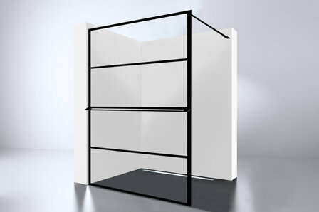 Minimalistische, zwarte metalen kast met vier open planken, geplaatst tegen een lichte muur, met een moderne uitstraling.