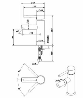 Massieve metalen mengkraan met een moderne afwerking, voorzien van duidelijke afmetingen en een draaibare uitloop.