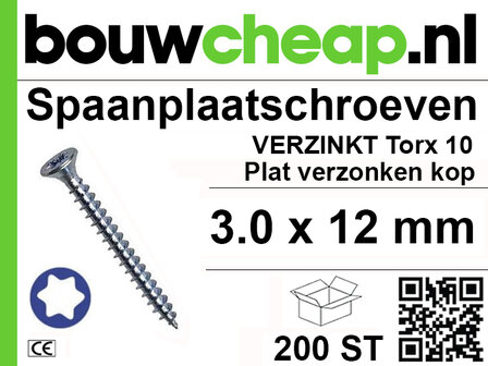 Verzinkte spanplaatschroef met plat verzonken kop, afmeting 3.0 x 12 mm, verpakt in doos van 200 stuks.