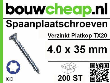 Verzinkte spanplaatschroeven met TX20 platte kop, afmetingen 4.0 x 35 mm, verpakt per 200 stuks. QR-code aanwezig.