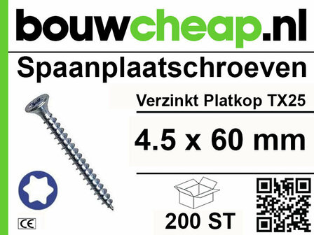 Glad, verzinkt spaanplaatschroef met platte kop, maat 4.5 x 60 mm, op een witte achtergrond met groene en zwarte tekst.