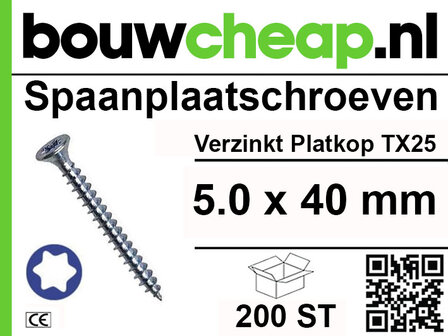 Verzinkte spaanplaatschroef met TX25-kop, afmeting 5.0 x 40 mm, verpakt in doos van 200 stuks.