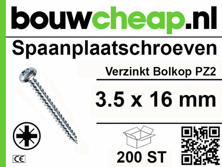 Zwarte en groene label met witte tekst over verzinkte spaanplaatschroeven, inclusief maat en barcode.