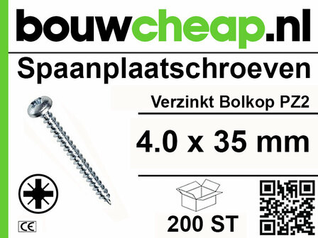 Verzinkt bolkopspanplaatschroef van 4.0 x 35 mm, met een stervormige inkeping en verpakking van 200 stuks.