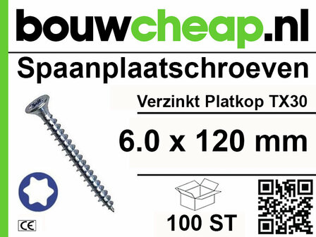 Zilveren spaanplaatschroef met platte kop en TX30-aansluiting, verpakking met 100 stuks, maat 6.0 x 120 mm.