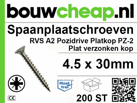 RVS schroef met verzonken platkop, maat 4.5 x 30 mm, 200 stuks in verpakking met groene en zwarte tekst.