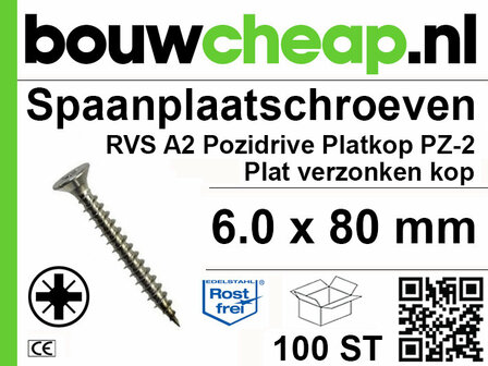 Roestvrijstalen spanplaatschroef met een plat verzonken kop en een lengte van 80 mm, verpakt in een doos van 100 stuks.