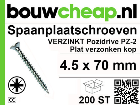 Verzinkte spaanplaatschroeven in een verpakking van 200 stuks, met een verzonken kop en een grootte van 4,5 x 70 mm.
