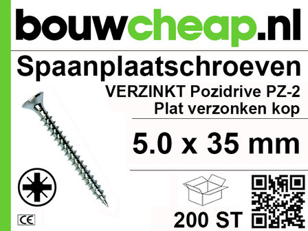 Verzinkte spanplaatschroeven met een plat verzonken kop, 5.0 x 35 mm, gepresenteerd in een verpakking van 200 stuks.