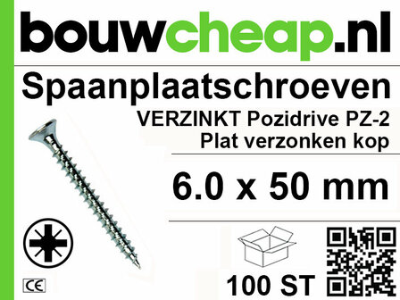 Zilvergekleurde schroef met verzonken kop, PZ-2 aandrijving, lengte van 50 mm en diameter van 6 mm, verpakt in een doos van 100 st.