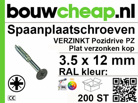 Zilvergekleurde spanplaatschroef met plat verzonken kop en Pozidriv-gaten, formaat 3.5 x 12 mm, in een doos van 200 stuks.