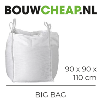 Witte big bag met twee handvatten, afmetingen 90x90x110 cm, eenvoudig en robuust ontwerp.