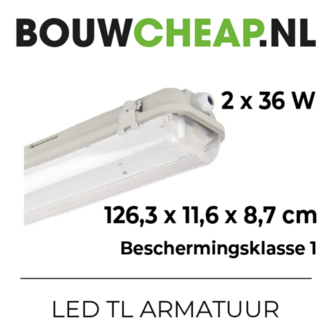 LED TL armatuur met een witte behuizing en transparante afdekking, gemonteerd aan een plafond met specificaties onderaan.