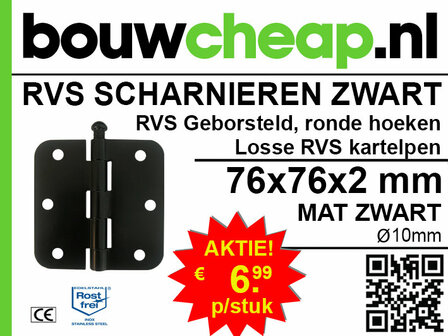 Zwart RVS scharnier met ronde hoeken, formaat 76x76 mm, prijs en actie-informatie in kleurige tekst.