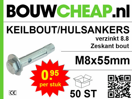 Zilveren keilbout met zeshoekige kop, maat M8x55mm, op een achtergrond met groene en witte elementen.