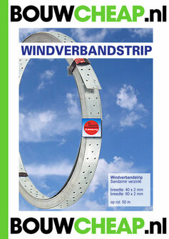 Cirkelvormige rol met een zilveren windverbandstrip, geperforeerd met gaten, op een witte achtergrond met groene tekst.