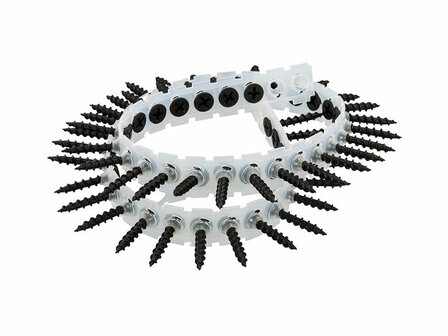 Zwarte schroeven in plastic houder, met scherpe punten en een glanzende afwerking, in een dubbele ringvormige compositie.