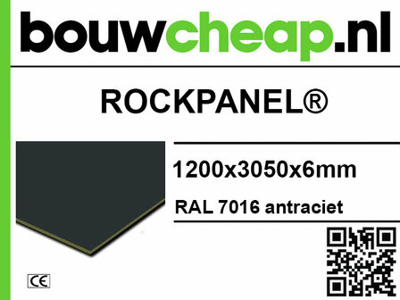 Zwart antraciet Rockpanel&reg; met RAL 7016, afmetingen 1200x3050x6mm en merklogo van bouwcheap.nl linksboven.