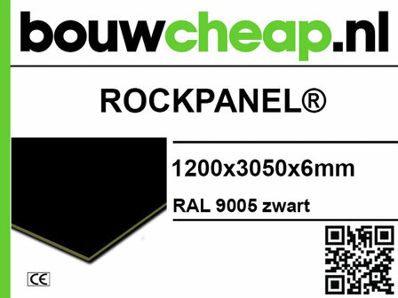 Zwarte panel met groene en witte tekst, QR-code en specificaties voor maat en kleur.