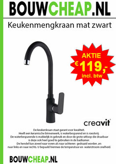 Zwarte keukenkraan met een hoge, gebogen uitloop en een handvat aan de zijkant voor het regelen van de watertoevoer.