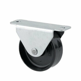 Zwarte kunststof wieltje met metalen bevestiging, ontworpen voor gebruik onder meubels of andere objecten.