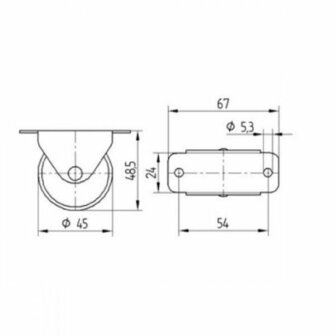Technische tekening van een ronde kunststof wieltje met maten in millimeters, voorzien van een metalen montageplaat.