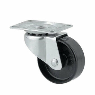 Zwenkwiel met metalen bevestigingsplaat en een zwarte rubberen band voor soepel rollende beweging.