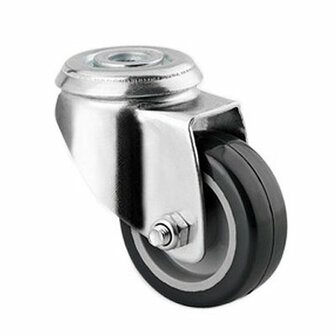 Zwenkwiel met een metalen behuizing en een zwarte rubberen band, geschikt voor meubels en wagens.