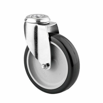 Gladde, zwarte wiel met een metalen beugel en een grijze binnenrand, geschikt voor meubels of rolcontainers.