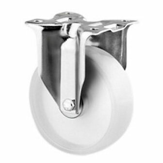 Metaal en kunststof zwenkwiel met een ronde, witte rol en een glanzende chrome bevestiging.