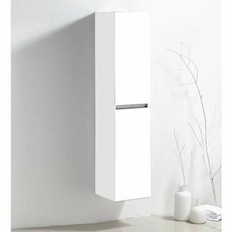Witte wandkast met twee deuren en een metalen grepen, geplaatst tegen een lichte muur met decoratieve vazen ernaast.