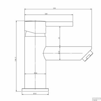 Technisch tekening van een moderne, rechte kraan in grijs met afmetingen en een rechthoekige uitloop.