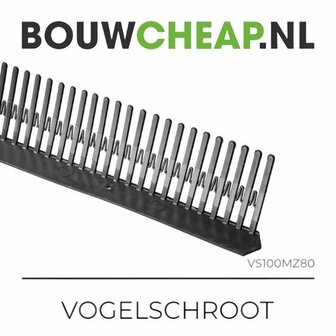 Zwarte vogelschroot met lange rechte tanden, geschikt voor constructiedoeleinden. Logo bovenaan in groen en zwart.