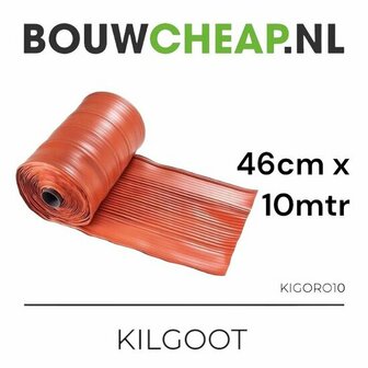 Rol van oranje kilgoot van 46 cm breed en 10 meter lang, met een gladde, geplooide textuur.