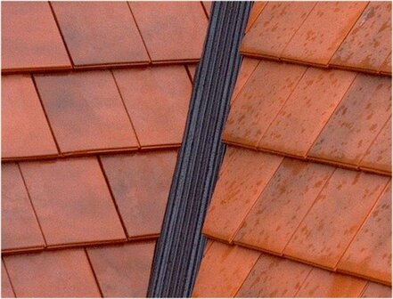 Twee rijen oranje keramische dakpannen met een zwarte voeg, zichtbaar glimmend door de regen.