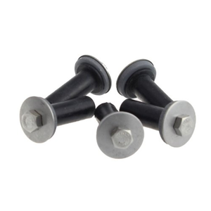 Drie zwarte schroeven met metalen schijfjes en inbuskop, vari&euml;rend in grootte.