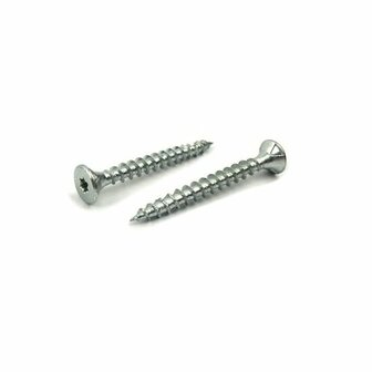 Twee metalen schroeven met een verzonken kop en schroefdraad, glanzend en vlak, liggen schuin naast elkaar.