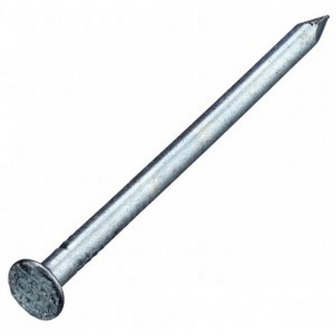 Grijze spijker met een plat, ronde kop en scherpe punt, geschikt voor houtverbindingen.