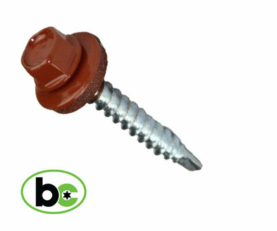 Roestvrijstalen schroef met een bruine kunststof kop en een merklogo in groen en zwart ernaast.