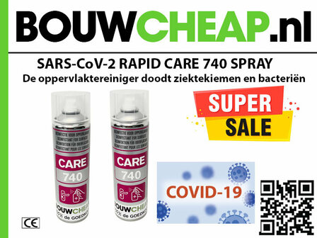 Twee spuitbussen met desinfecterende spray, vermelding van &#039;SARS-CoV-2 RAPID CARE 740 SPRAY&#039; en &#039;SUPER SALE&#039;.