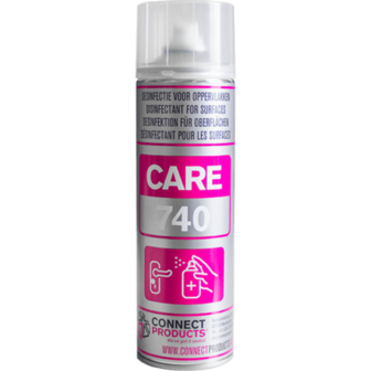 Zilveren spuitbus met roze en witte details, bevat desinfectans, merkteken van Connect Products.