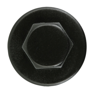 Zwarte, ronde schroefdop met een zeskantige uitsparing in het midden. Glanzend oppervlak zonder tekst of logo&#039;s.