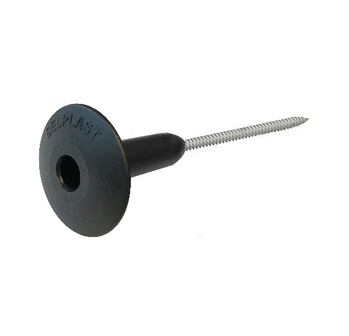 Zwarte kunststof dop met een metalen schroef, voorzien van het merklogo &lsquo;BELPLAST&rsquo; op de bovenkant.