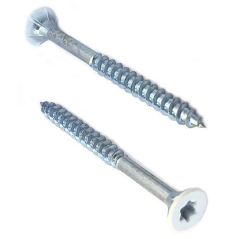 Twee zware metalen schroeven met een glanzende afwerking en een stervormige inkeping op de kop.