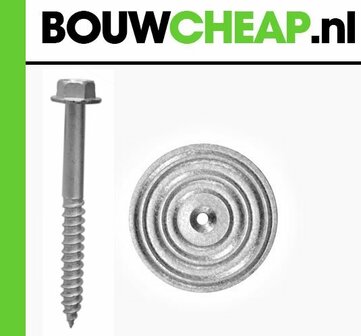 Een metalen schroef met een ronde kop en een schijfvormig onderdeel met een geribbeld oppervlak.