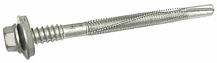 Een zilverkleurige schroef met een verzonken kop en een schroefdraad voor stevige bevestiging.