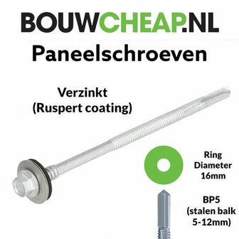 Paneelschroef met verzinkte afwerking, ring met een diameter van 16 mm, en een scherpe punt voor bevestiging.
